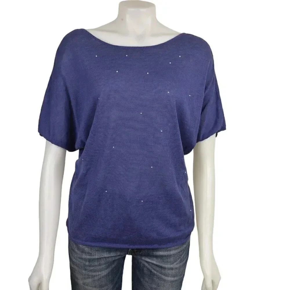 Des  Petits Hauts Linen Purple V Back Bat Wing Embellished Sweater